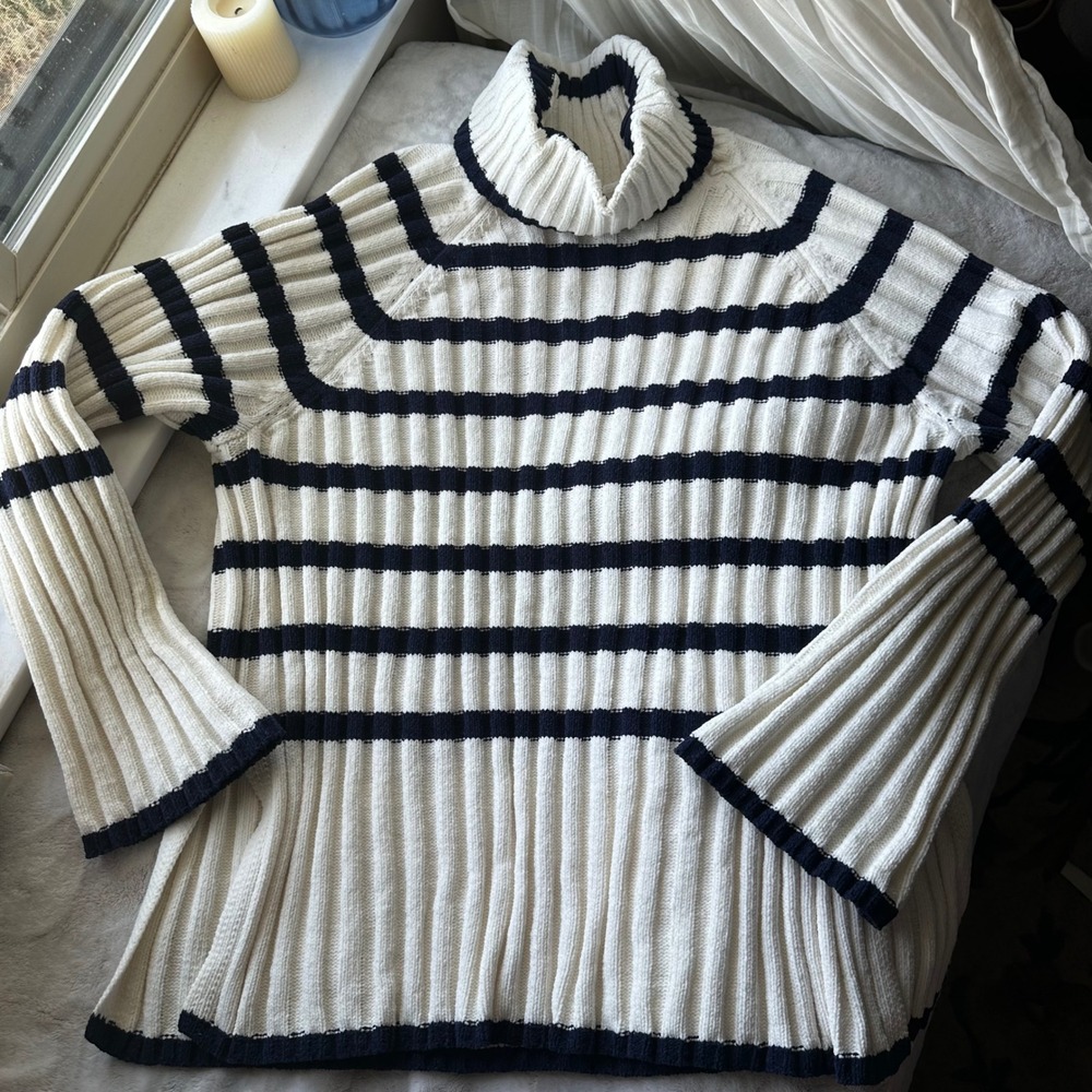 Coquette Chunky Ribbed Turtleneck Sweater Bell Sleeves Blue White Striped